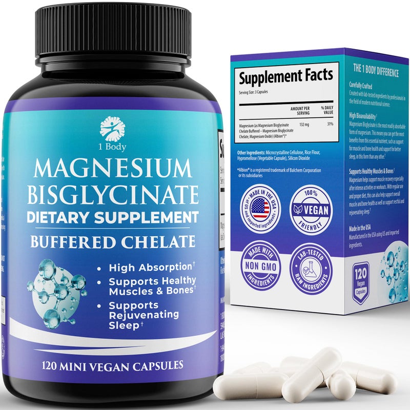 1 Body Magnesium Bisglycinate Supplement 44 mg Pure Chelated Formula 120 Capsules Maximum Absorption Muscle Cramp Relief